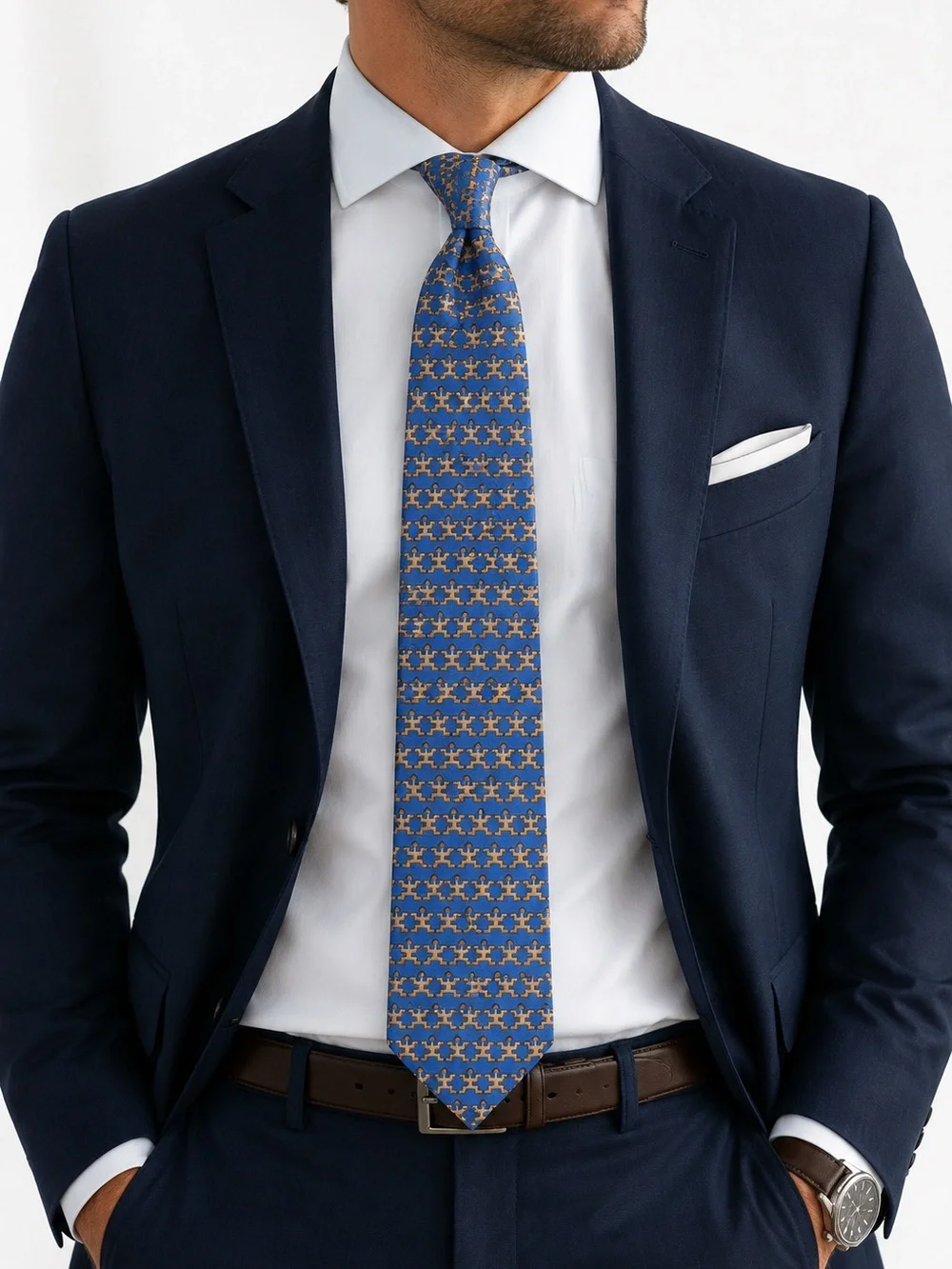 Elegant Blue & Gold Patterned Men's Silk Tie